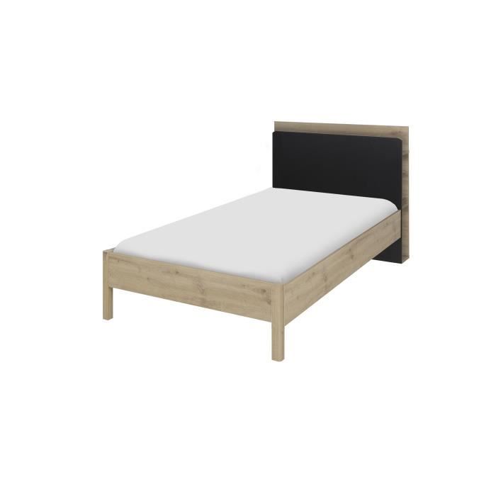 GAMI Ensemble lit enfant + tete de lit avec rangement - Décor Chene artisan et noir - 90 x 190 cm - CHATEL