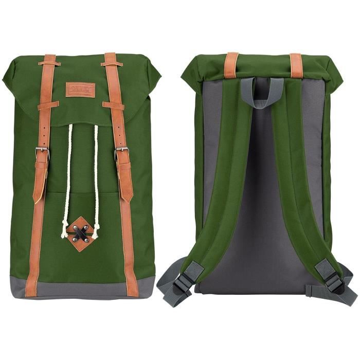 ABBEY Sac a dos scolaire - Fermeture aimantée - Cuir PU look vintage - 100% Polyester 300x300D - Vert