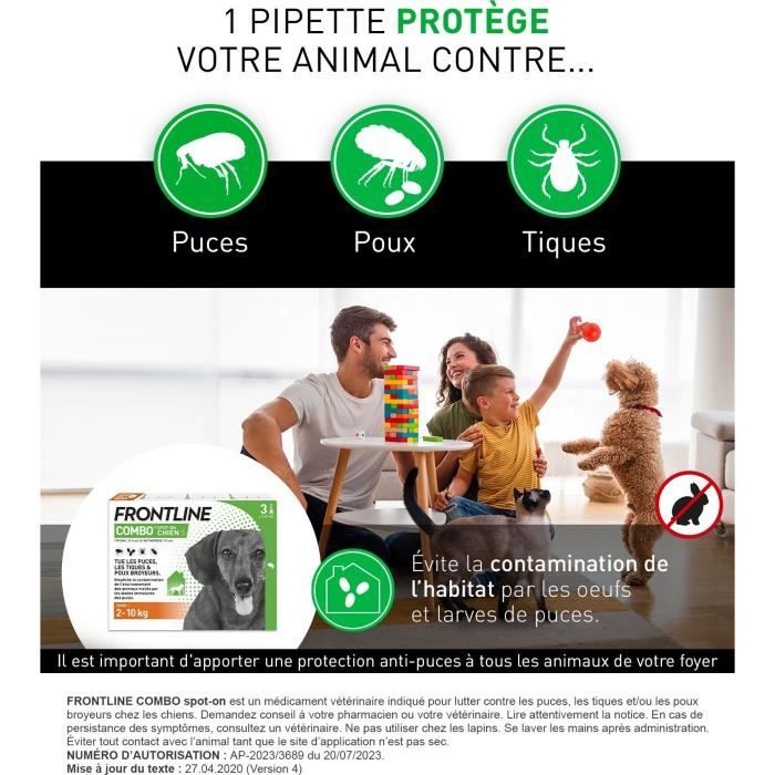 Image secondaire de FRONTLINE 3 Pipettes antiparasitaires COMBO Chien - 2 a 10 kg - Puces, tiques, poux broyeurs