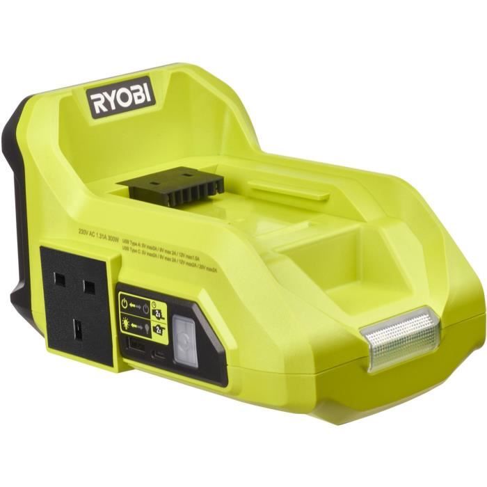 RYOBI MAX POWER Transformateur sans fil 36V : 300 W-500 W - 3 ports: 1 électrique EU + 1 USB-A + 1 USB-C - Lampe LED - Sans batterie