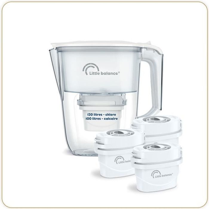Carafe Filtrante Claire + 3 cartouches LITTLE BALANCE - 8592 - Réduit microplastiques, chlore, calcaire, 2,5 l, Débit ultra rapide