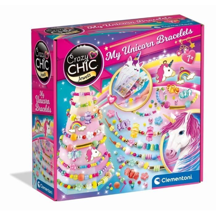 Clementoni - Crazy Chic - Scatola creativa Unicorno - Crea i tuoi braccialetti di perline colorate con ciondoli e pompon - Dai 7 anni in su