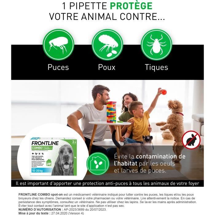 Image secondaire de FRONTLINE 3 Pipettes antiparasitaires COMBO Chien - 10 a 20 kg - Puces, tiques, poux broyeurs