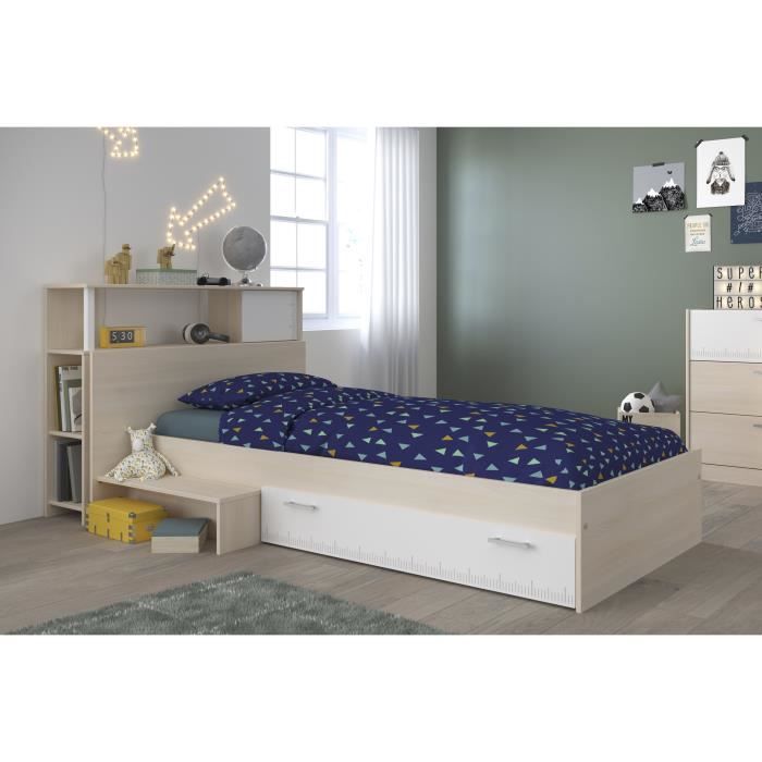 PARISOT Ensemble lit + tete de lit avec rangement - Style contemporain - D?cor acacia clair et blanc - CHARLEMAGNE