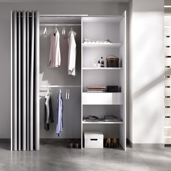 Dressing extensible avec rideau + 1 tiroir - Décor Blanc - L 160-113 x P 50 x H 205 cm - SUIT