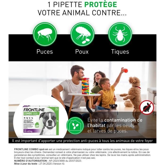 Image secondaire de FRONTLINE 3 Pipettes antiparasitaires COMBO Chien - 20-40 kg - Puces, tiques, poux broyeurs