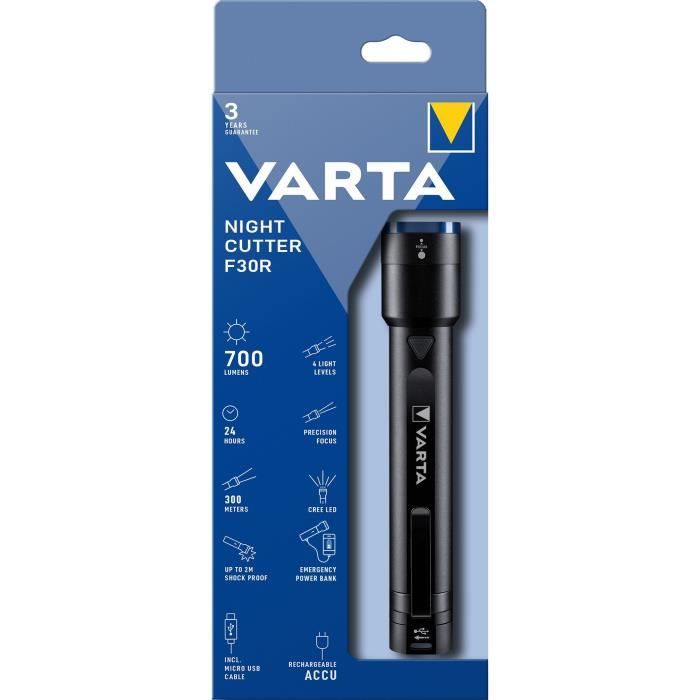 Torcia VARTA-Night Cutter F30R-700lm-Ultra potente-Resistente agli urti (2m)-Ricaricabile-Power Bank di emergenza incluso