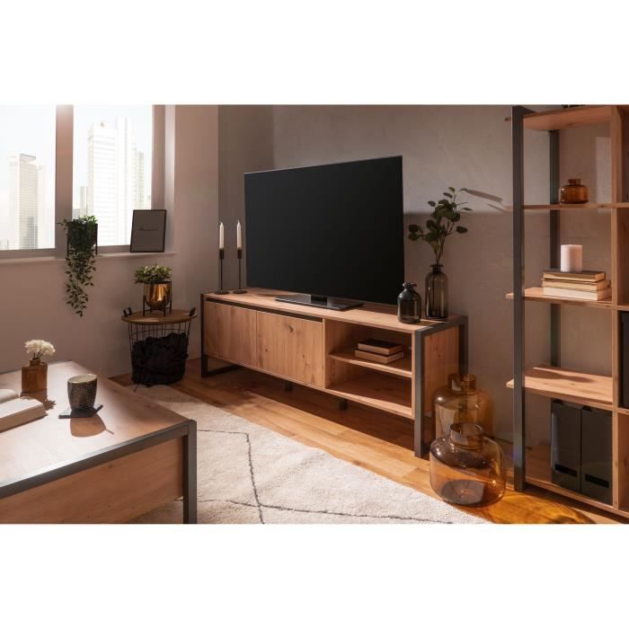 Meuble TV industriel DENVER- Décor chene artisan et anthracite - 2 Portes - L 160 x P 40 x H 55 cm