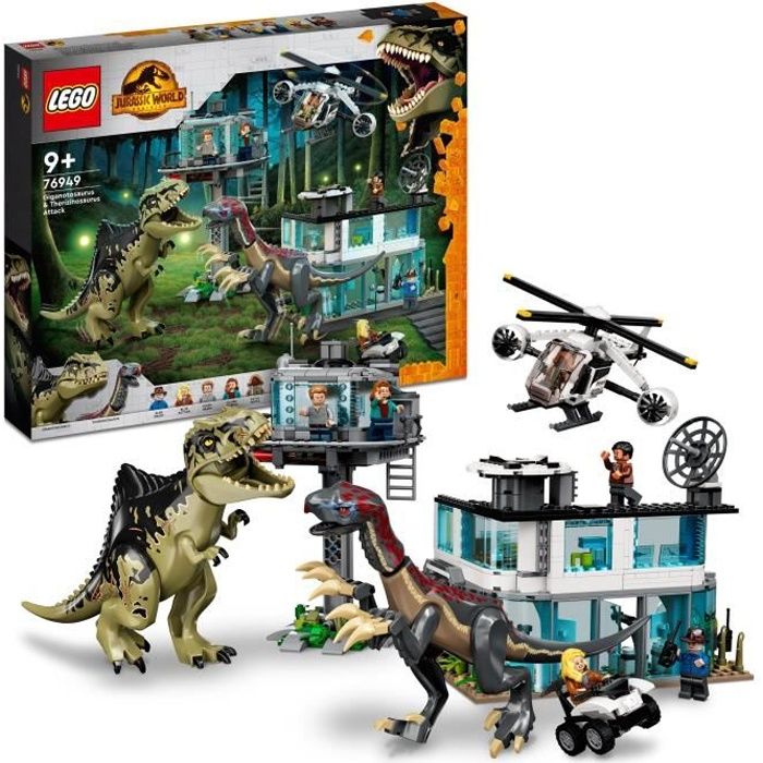 LEGO 76949 Jurassic World L'Attaque du Giganotosaurus et du Therizinosaurus, H?licoptere et Figurine de Dinosaure