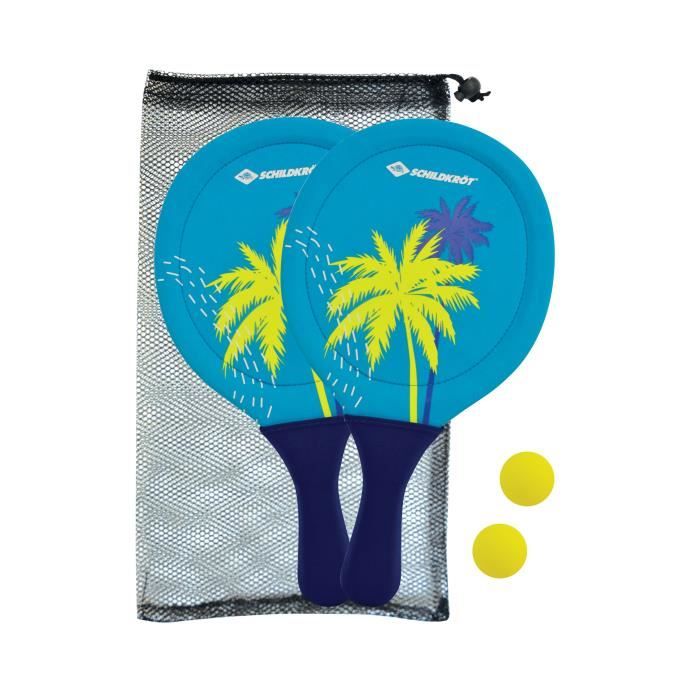 Raquetas de beachball - SCHILDKROT - Neopreno amarillo/azul con estampado verde - 2 pelotas �40mm - Bolsa de malla resellable
