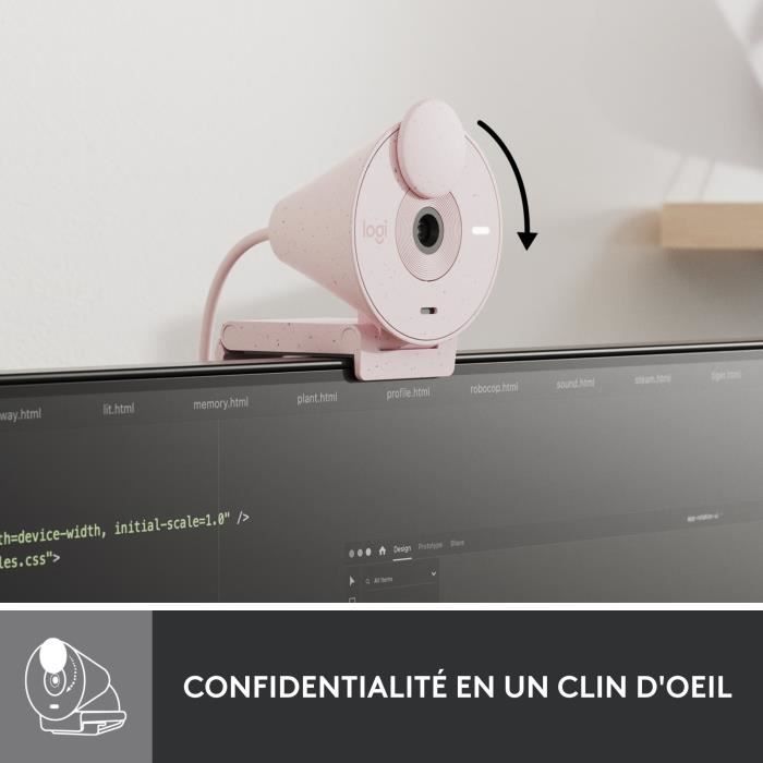 Logitech Brio 300 Webcam Full HD avec confidentialité, micro a réduction de bruit, USB-C - Rose