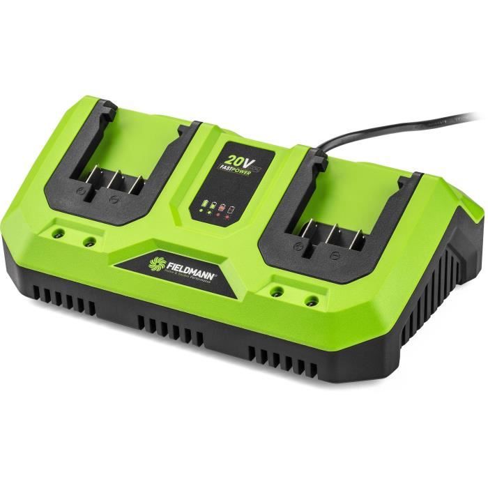 Caricabatterie doppio - FIELDMANN - Per batterie da 20 V - Carica 2 Ah in 60 min - Compatibile con 2 Ah, 4 Ah