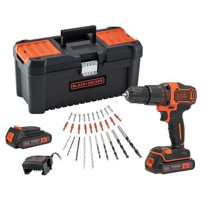 Perceuse a percussion sans fil 18V BLACK+DECKER - BDCHD18C2TA-QW Avec 2 batteries 18V 30 accessoires inclus