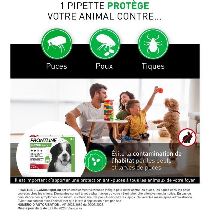 Image secondaire de FRONTLINE 3 Pipettes antiparasitaires COMBO Chien > 40 kg - Puces, tiques, poux broyeurs