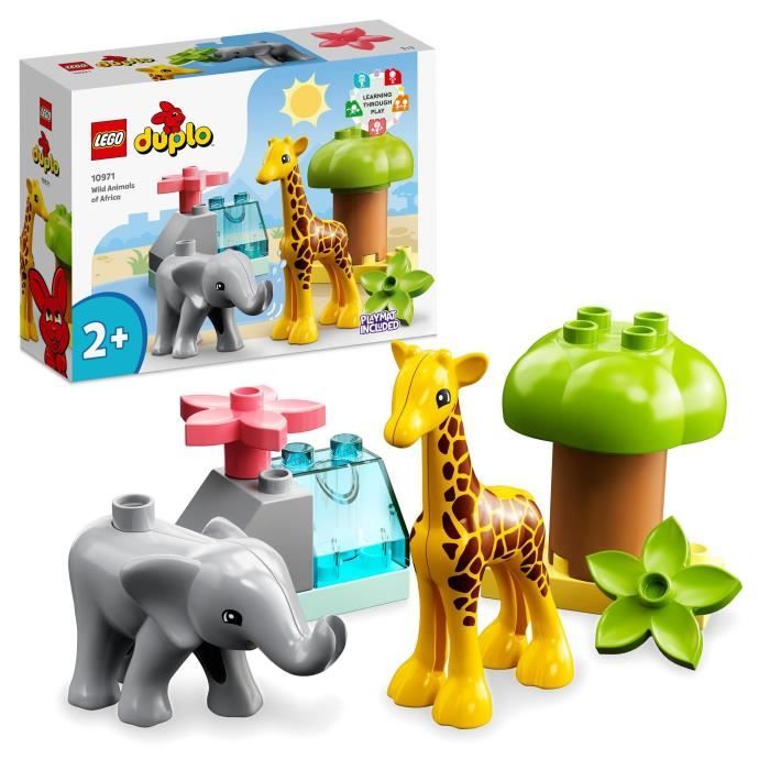 LEGO 10971 DUPLO Animaux Sauvages d'Afrique, Jouet sur le Safari des 2 Ans avec Figurines d'?l?phant et  Girafe avec Tapis de Jeu