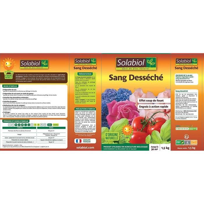 SOLABIOL - Sang Desséché 1,5 Kg - Action coup de fouet - Pret a l'emploi - Utilisable en agriculture biologique
