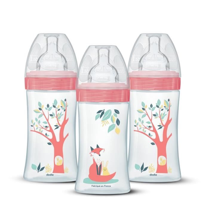Lot de 3 biberons - DODIE - EB20 - 270 ml - Tétine plate - Rose