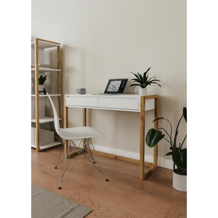 Escritorio consola - DENVER - Roble Artisan / Blanco - 2 cajones - 100 x 35 x 75 cm
