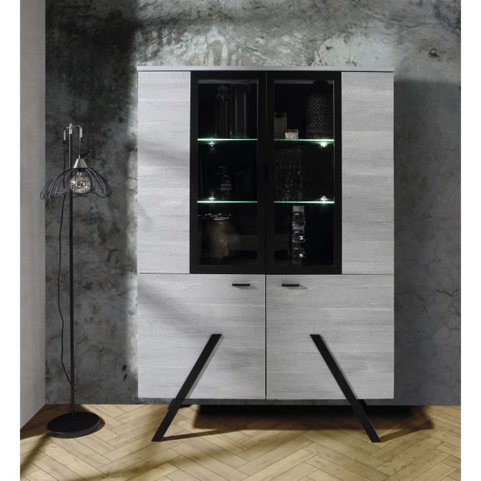 Enfilade - Décor gris et pieds métal noir - 2 portes + 3 tiroirs - GOLDEN STATE - L 120,1 x P 42 x H 172,6 cm