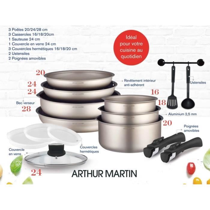 Batterie de cuisine Arthur Martin AM133CH 15 pieces - Aluminium - Poignée amovible - Tous feux dont induction