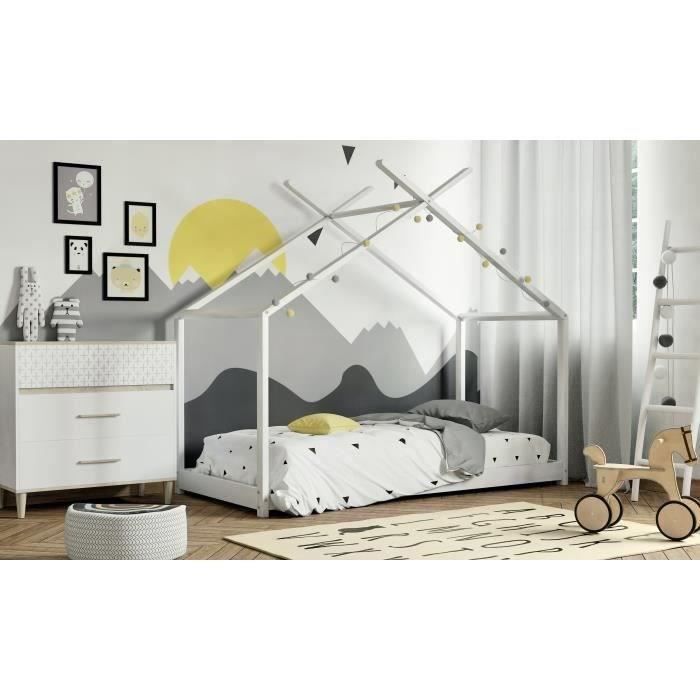 Lit cabane enfant ELIAH - 90 x 190 cm - Bois pin massif - Blanc - Sommier inclus