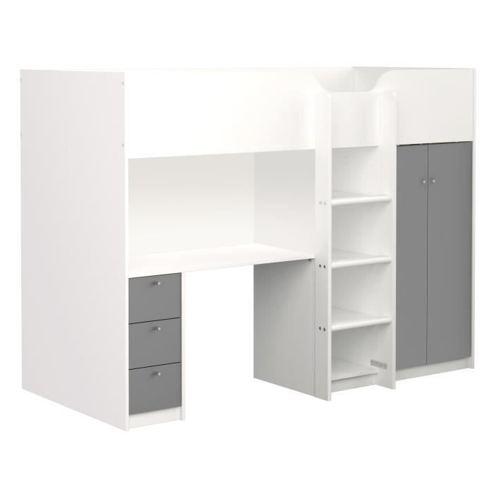 TVILUM Lit combiné mezzanine enfant - Blanc/Gris - Sommier inlcus - 90 x 200 cm - NANTES