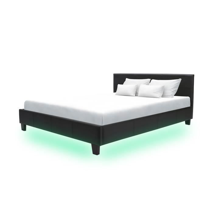 KANSAS Lit adulte 140 x 190 cm - Simili noir avec LED - Sommier inclus