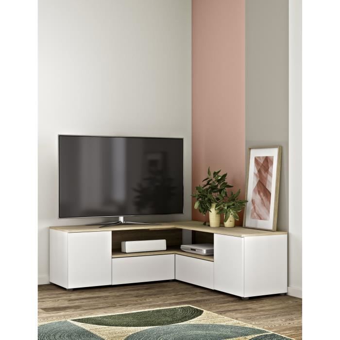 Meuble TV d'angle - Décor chene naturel et blanc - 4 portes + 1 niche - L 130 x P 130 x H 46 cm - TEMAHOME