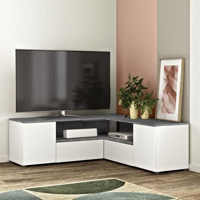 Meuble TV d'angle - Effet béton et blanc - 4 portes + 1 niche - L 130 x P 130 x H 46 cm - TEMAHOME