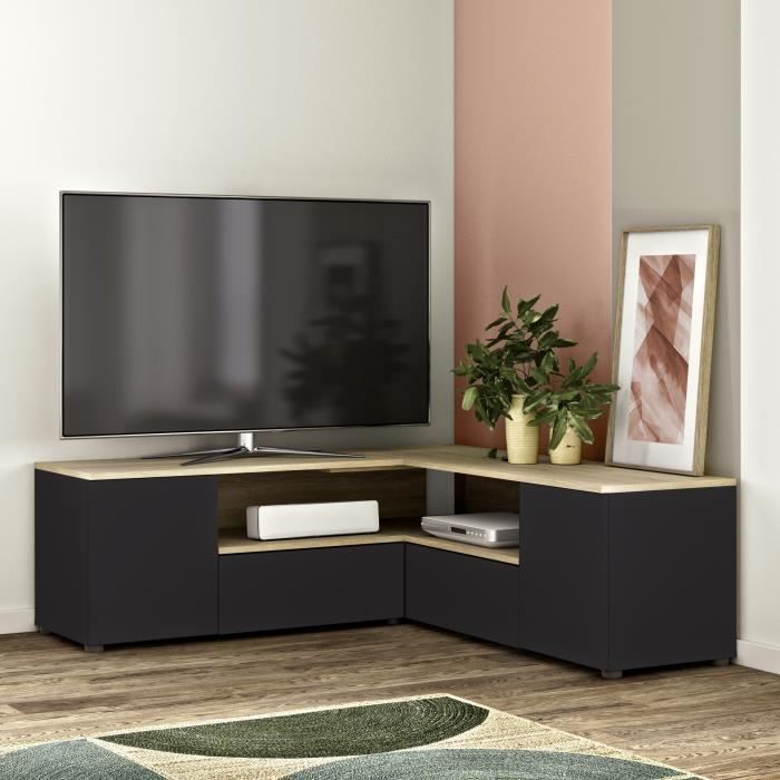 Meuble TV d'angle - Décor chene et noir mat - 4 portes + 1 niche - L 130 x P 130 x H 46 cm - TEMAHOME