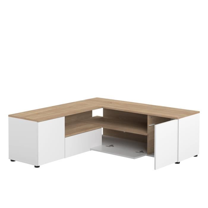 Meuble TV d'angle - Décor chene naturel et blanc - 4 portes + 1 niche - L 130 x P 130 x H 46 cm - TEMAHOME