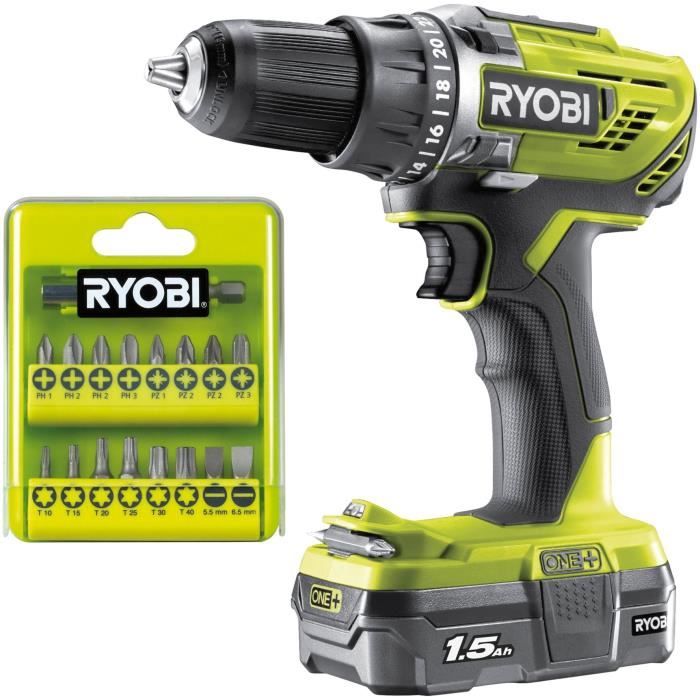 RYOBI Perceuse-visseuse 18V 50 Nm - 2 vitesses - Livrée avec 1 batterie 1,5 Ah, 1 chargeur 1,5A et 17 accessoires de vissage