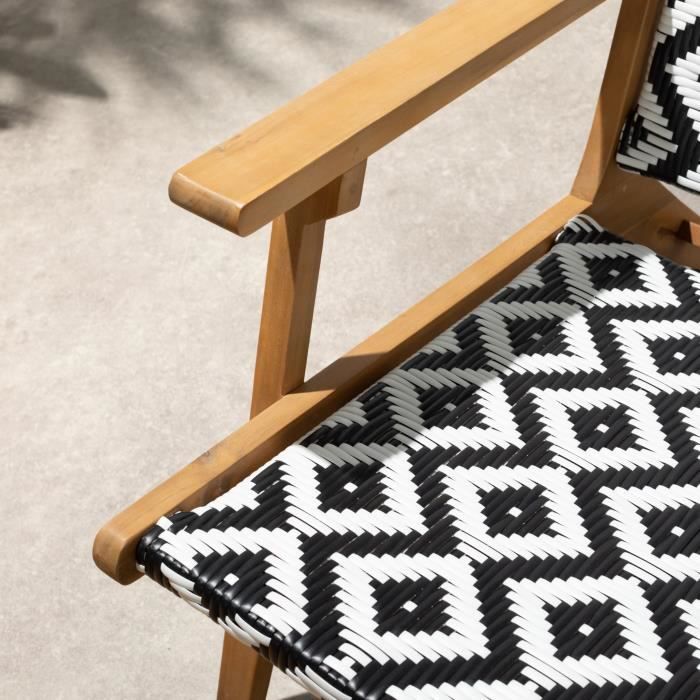 Fauteuil bas en bois d'Acacia FSC et en résine tressée - 1 personne - Granada - Noir / Blanc