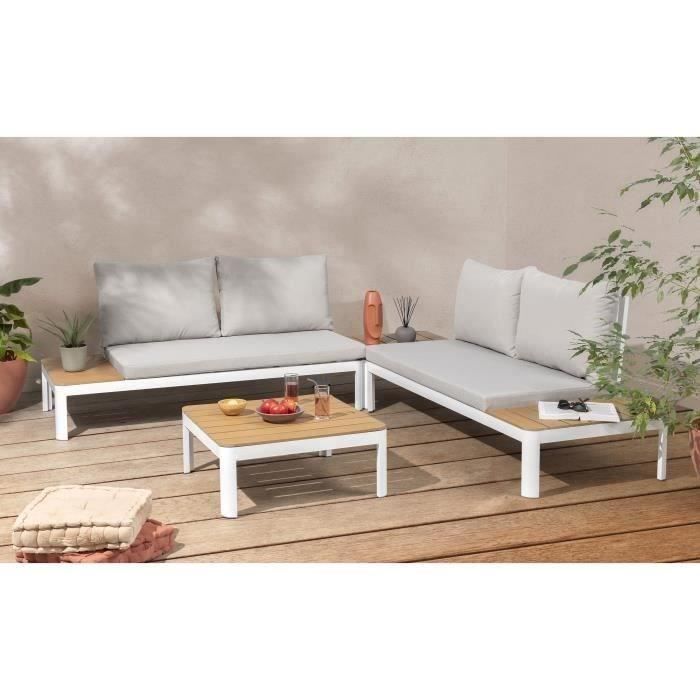 Salon de jardin modulable, en aluminium couleur blanc et poly bois - 4 personnes avec coussins Beige - SANTANA