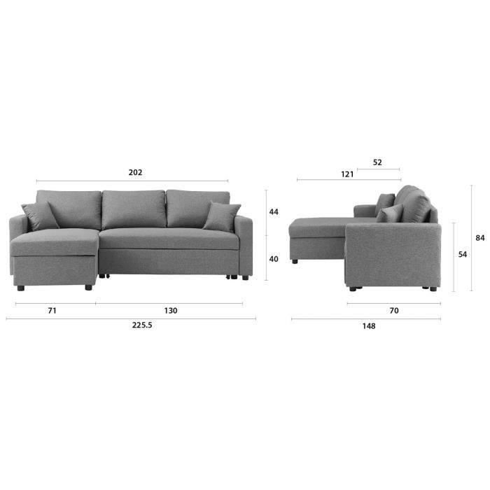 Canapé d'angle convertible grand couchage + coffre 3 places Owens - Tissu gris - L 228 x P 148 x H 86 cm