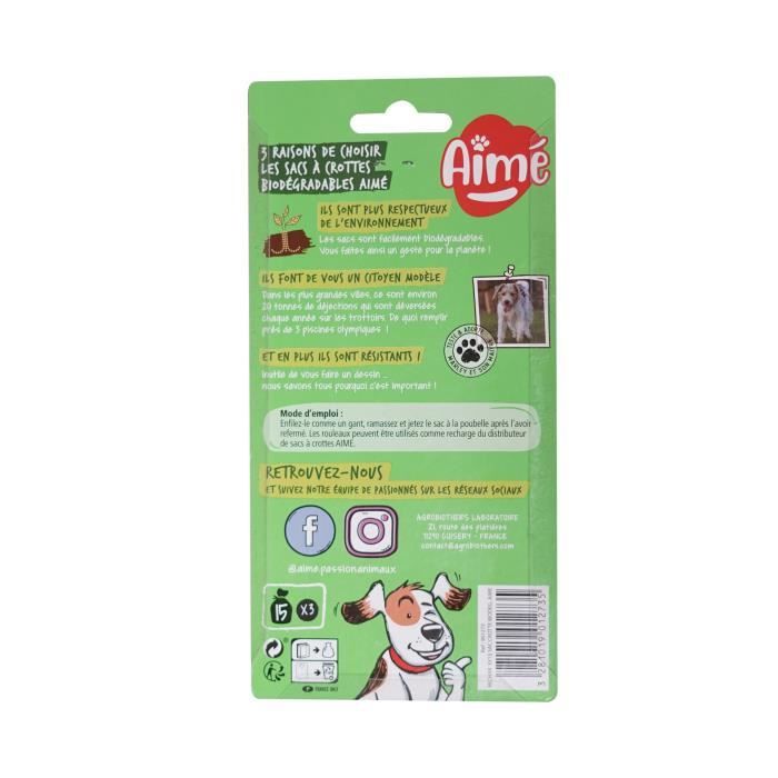 AIME Recharge 3x15 sacs a crottes pour chien biodégradables - 3 rouleaux Sacs a déjections canines CLEAN AND FRESH écologiques