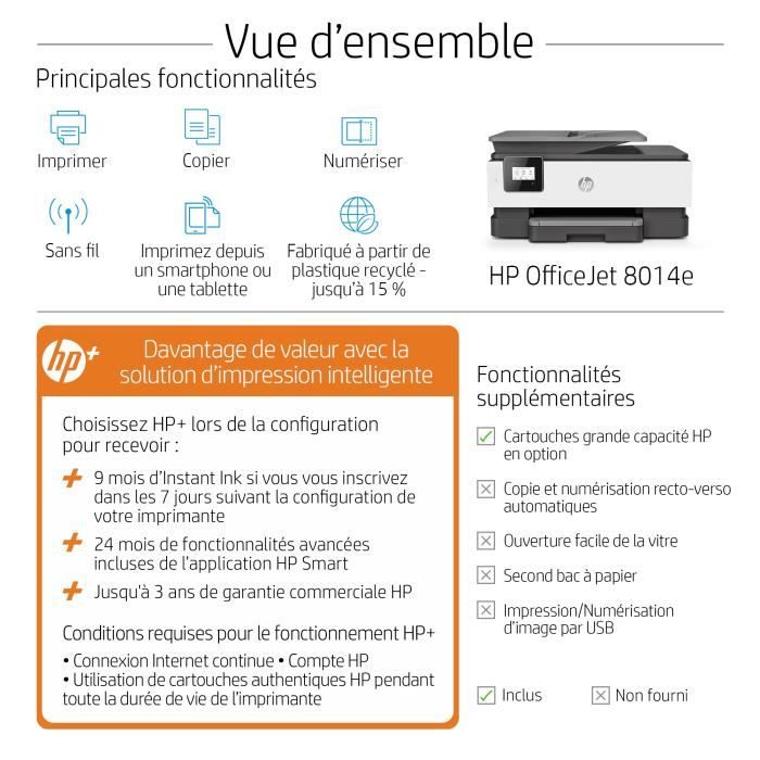 HP OfficeJet Pro 8014e Imprimante tout-en-un Jet d'encre couleur Copie Scan - 9 mois d'Instant ink inclus avec HP+
