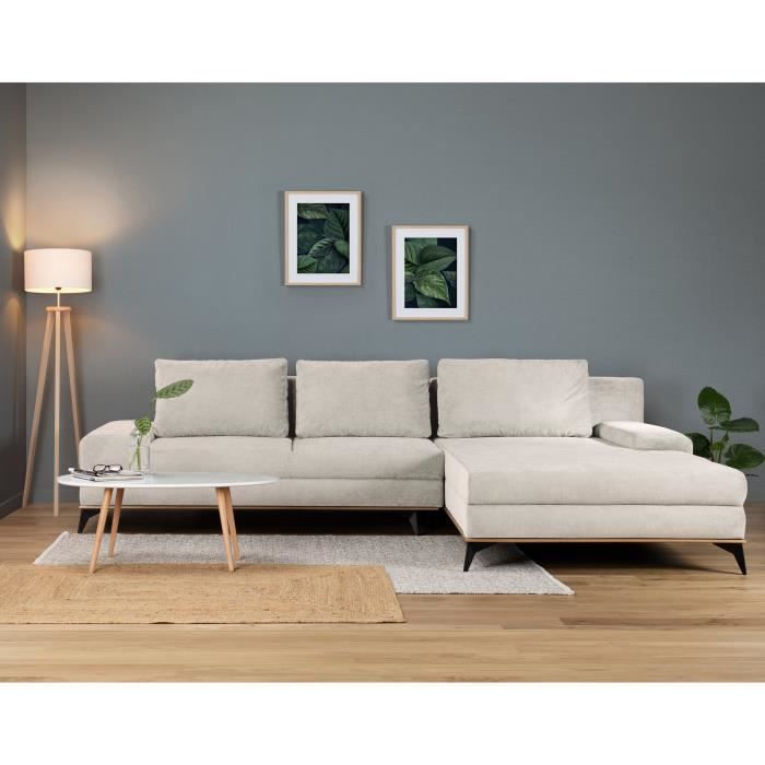 BENIX Canapé d'angle droit 5 places convertible + coffre de rangement - Tissu beige - L315 x P212 cm - MANILA