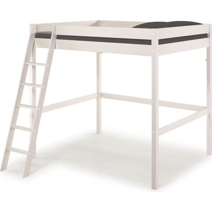 Lit mezzanine - Bois Pin massif - Blanc - Sommier inclus - 140 x 200 cm - FAUST