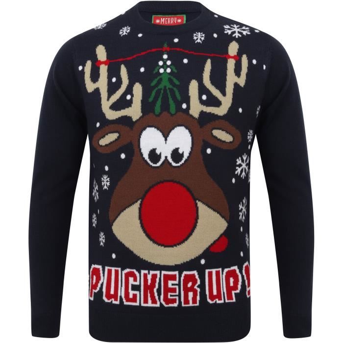 Pull de Noël Tete de Renne Bleu Homme