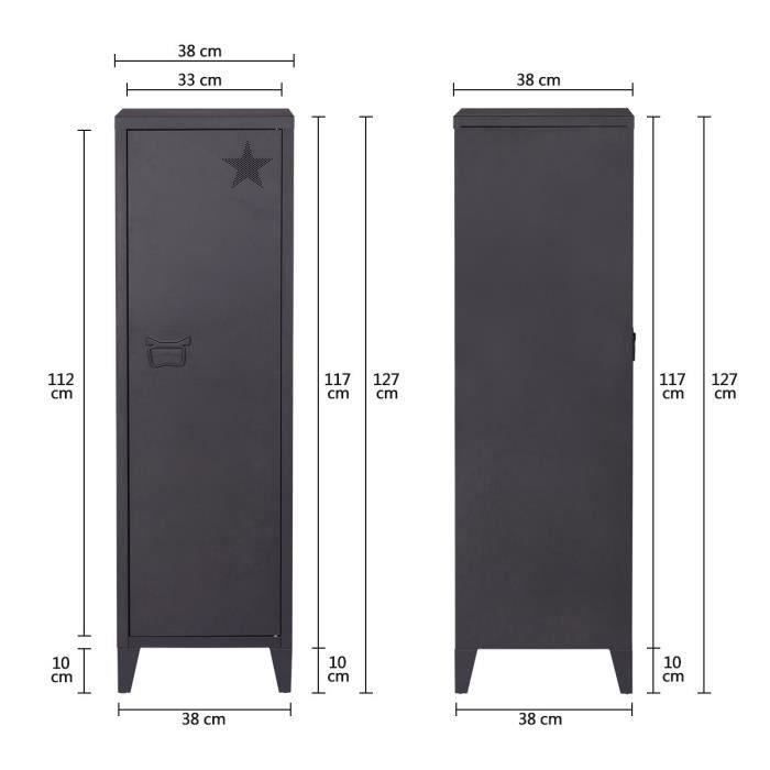 Armoire vestiaire enfant 1 porte avec 2 étageres - En métal - Noir - L38 x P35 x H127 cm - MODULO