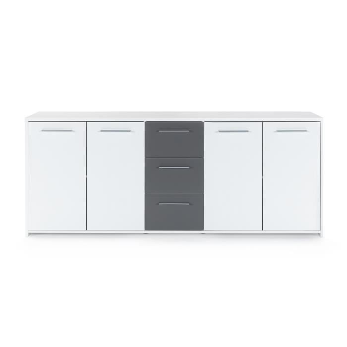 Buffet bas PILVI - 4 portes et 3 tiroirs - Blanc et gris mat - Contemporain - L 179,2 x P 42 x H 74,5 cm