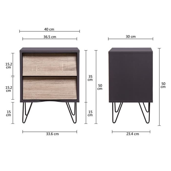 Chevet 2 tiroirs TOKYO - Panneaux de particules avec pieds en métal - L 40 x P 30 x H 50 cm