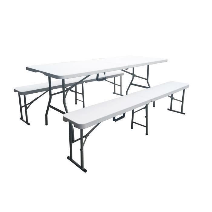 Ensemble de reception pliant - Table 8 personnes 180cm et 2 bancs - Structure en acier & Plateau en Poly?thylene PEHD - Blanc