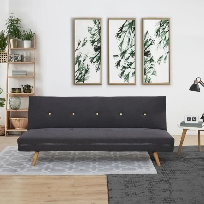 Clic clac 3 places - Tissu Gris foncé - Pieds bois naturel - L 181 x P 87 x H 79 cm - BIMBA