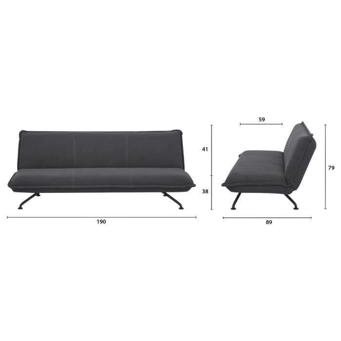 Clic clac 3 places - Tissu Gris foncé - Pieds métal noir - L 190 x P 89 x H 79 cm - ALBA