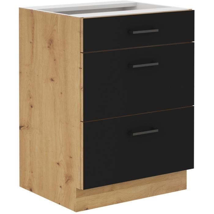 Image secondaire de Meuble Bas Casserolier MODENA - 3 Tiroirs en Chêne Artisan et Noir Mat