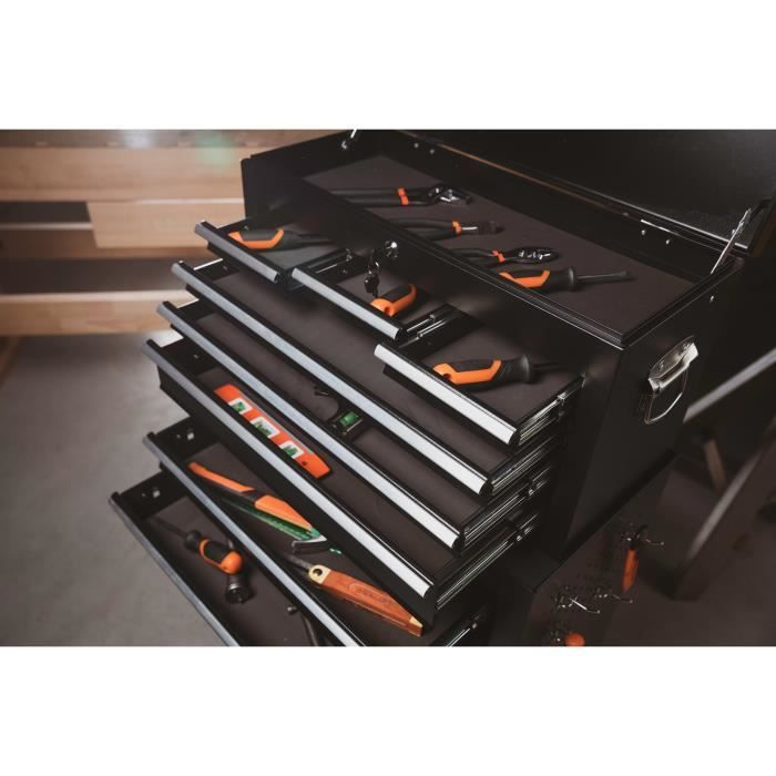 MANUPRO Servante d'atelier a outils 8 compartiments - Coffre malle rangement amovible - Acier - 65,8x61,6x33cm (HxlxP) - Noir mat