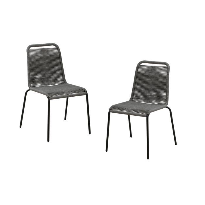 Lot de 2 chaises de jardin - M?tal avec tissage simple en corde, empilable -Couleur : Epoxy noir - cordes grises