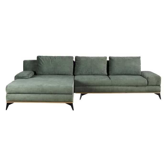 BENIX Canapé d'angle gauche 5 places convertible + coffre de rangement - Tissu gris vert foncé - L315 x P212 cm - MANILA
